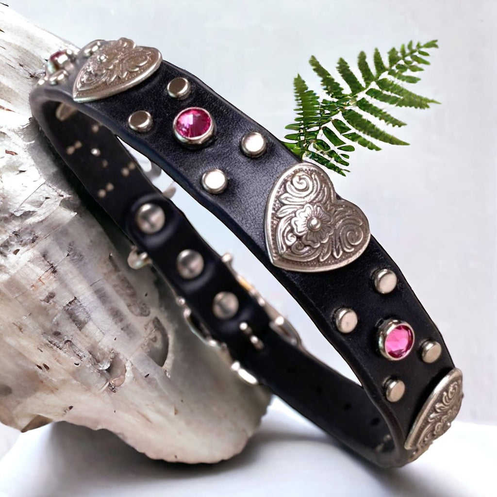 Small Dog Leather Collar with Hearts