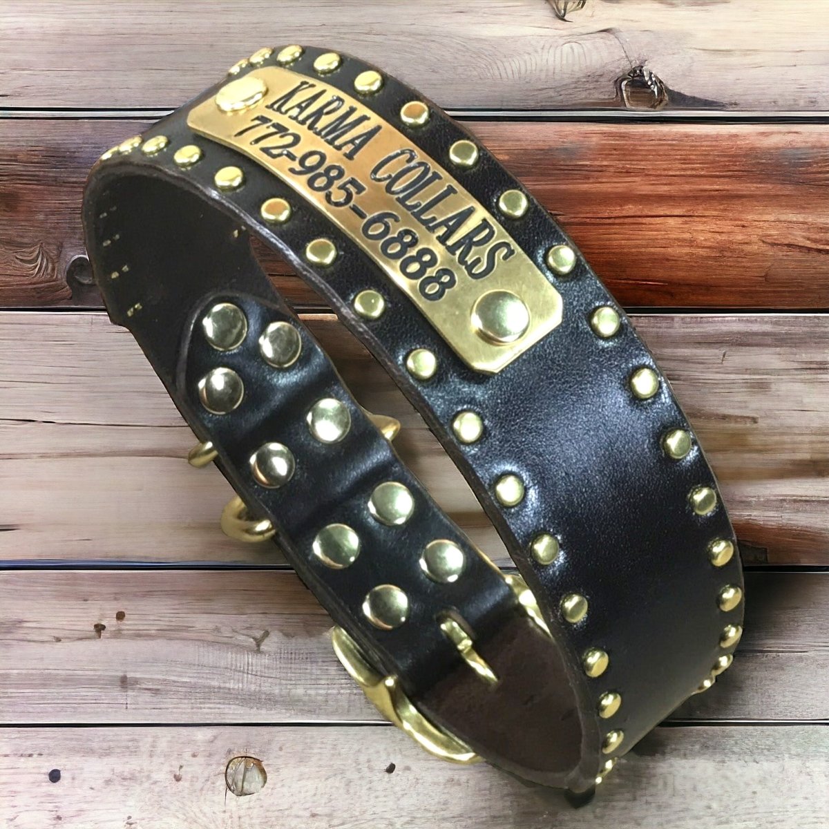 1.5" Wide Studded Leather Dog Collar with Nameplate