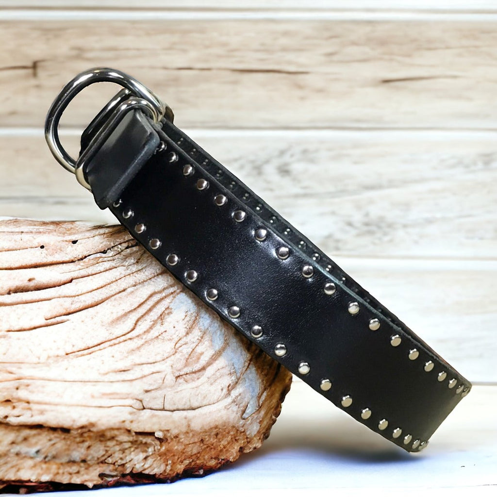 1.5" Wide Studded Leather Dog Collar with Nameplate