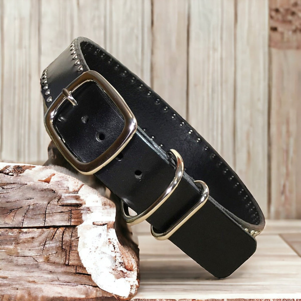 1.5" Wide Studded Leather Dog Collar with Nameplate